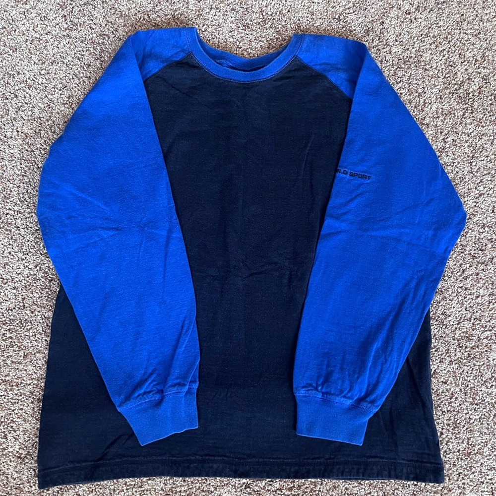 Vintage 90s Polo Sport Blue and‎ Navy Raglan Long Sleeve Crewneck